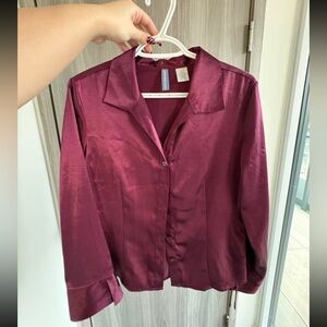 Women's Satin Button-Up Blouse - Burgundy